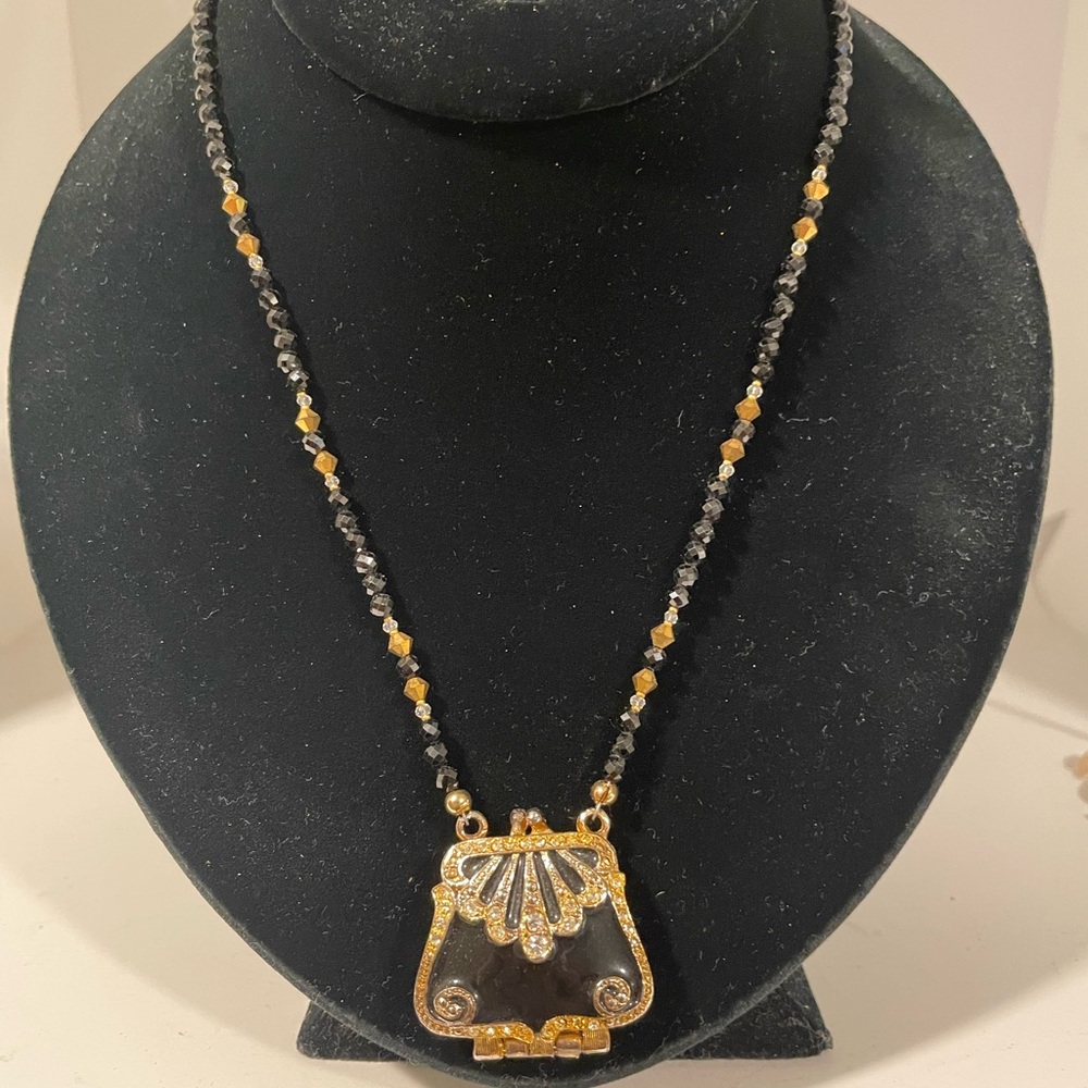 Vintage Enamel Locket, 24KT Swarovski Crystal and Black Spinel Necklace